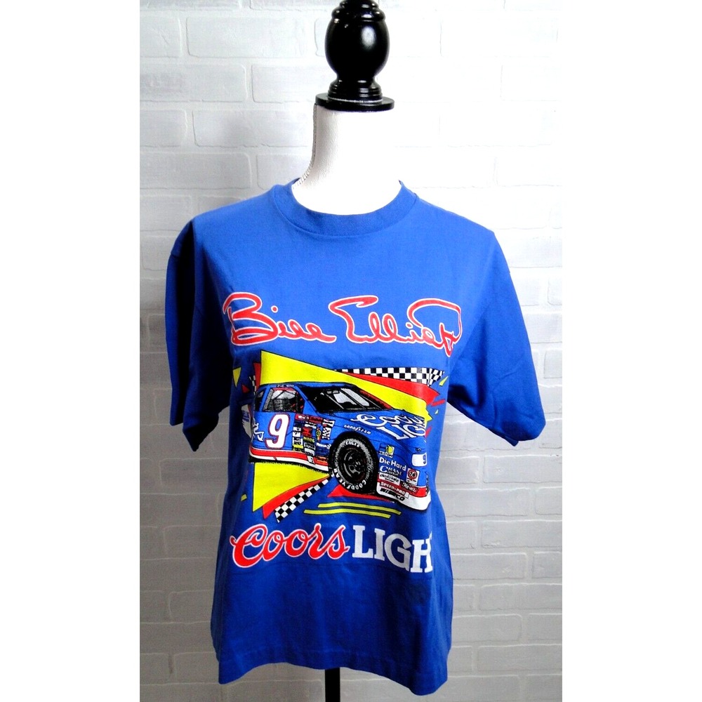 Vintage Bill Elliott Coors Light Graphic Tshirt NASCAR Mens L‎ Blue Made In USA
